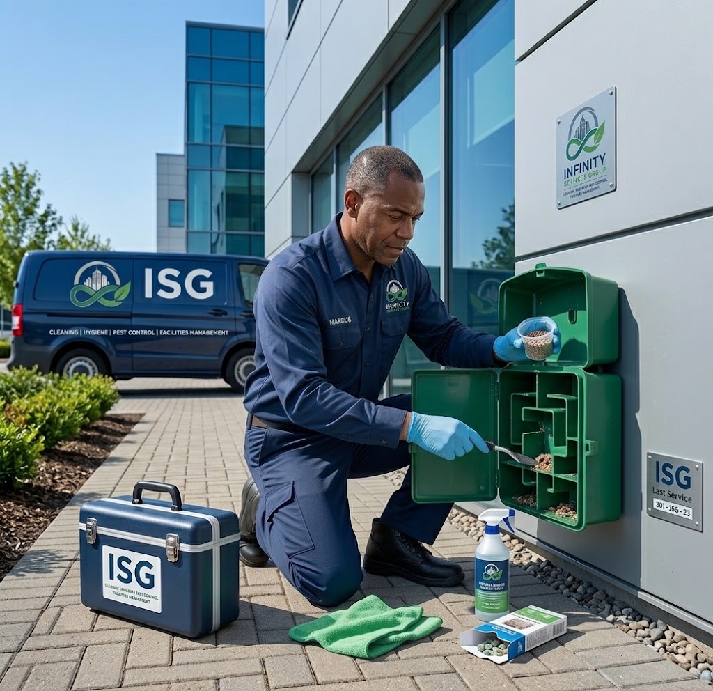 Infinity Services Group pest control technician treating a commercial kitchen